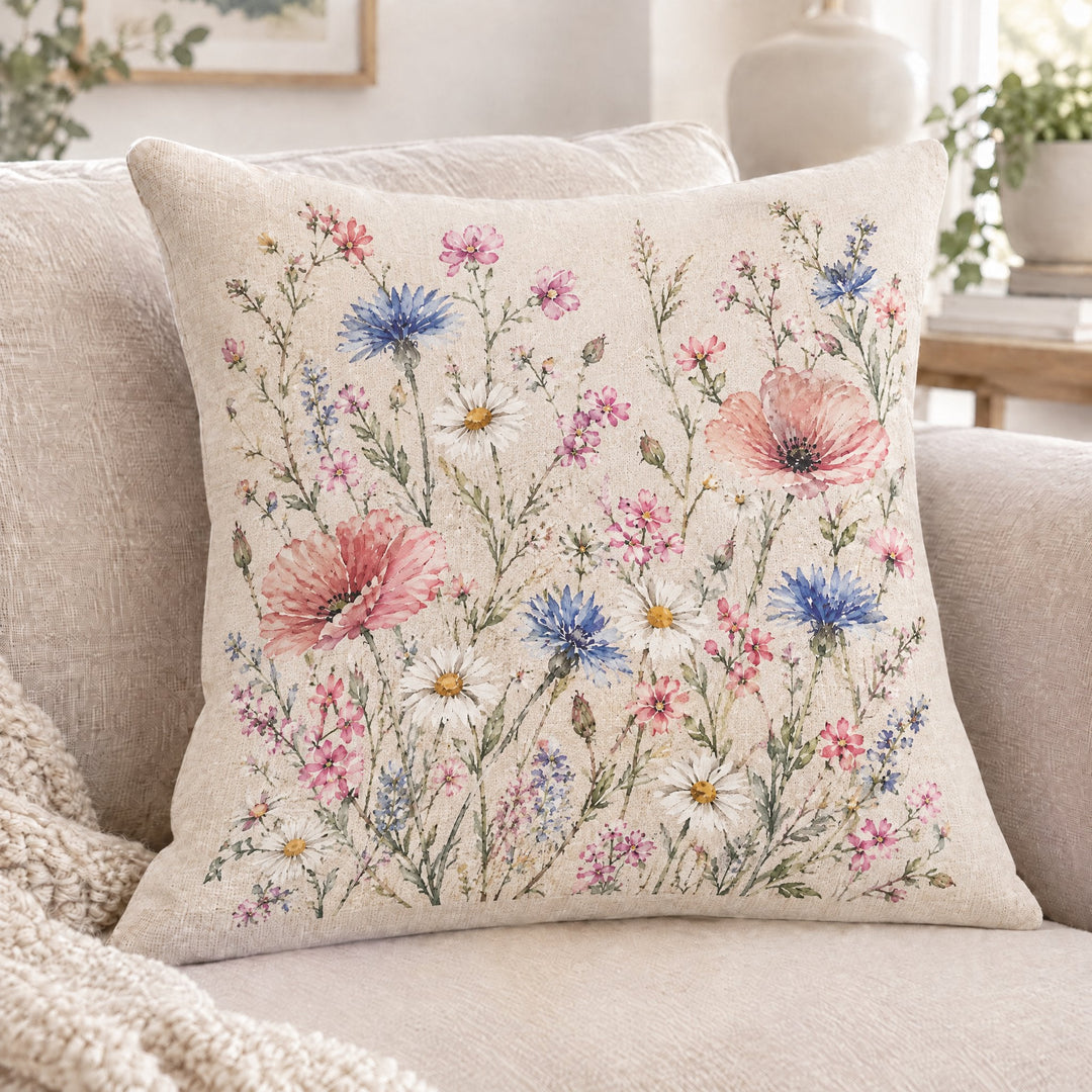 Sublimation linen cushion cover printed with a watercolour meadow of poppies, cornflowers and daisies, on a cream sofa
