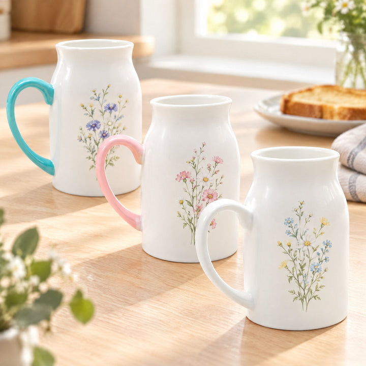Sublimation milk mug, 450ml, printed with a sprig of wildflowers, on a wooden kitchen table