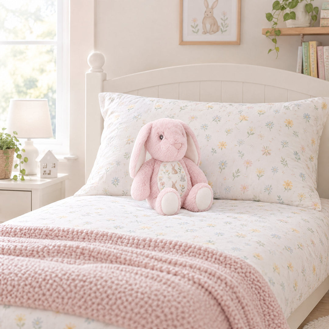 Sublimation pink rabbit plush toy printed with bunnies and daisies, on a child&