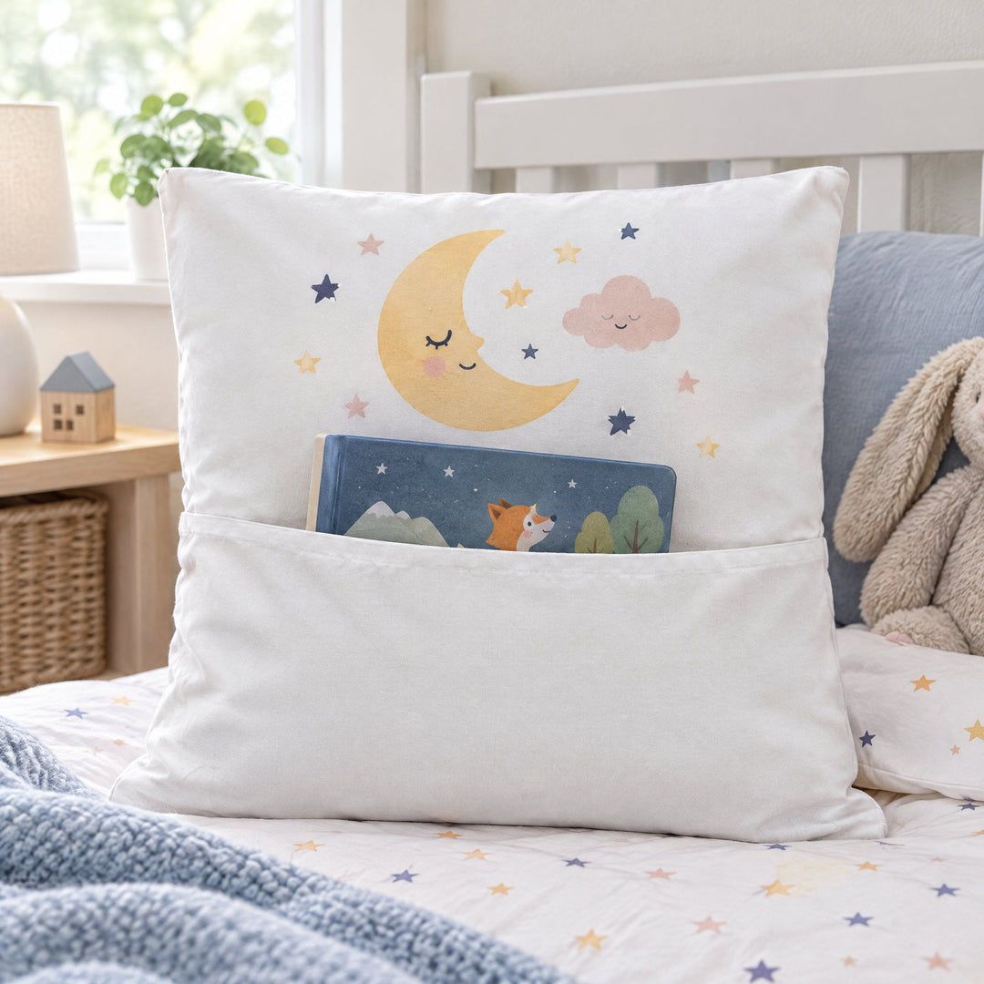 Sublimation pocket cushion cover printed with a sleepy crescent moon design, on a child&