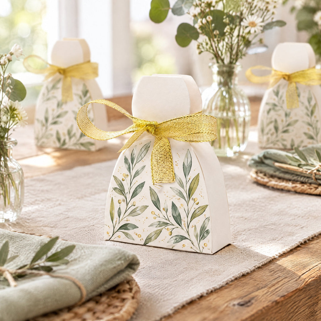 Sublimation printable wedding favour box printed with a minimalist sage-green line-art design, on a wedding breakfast table