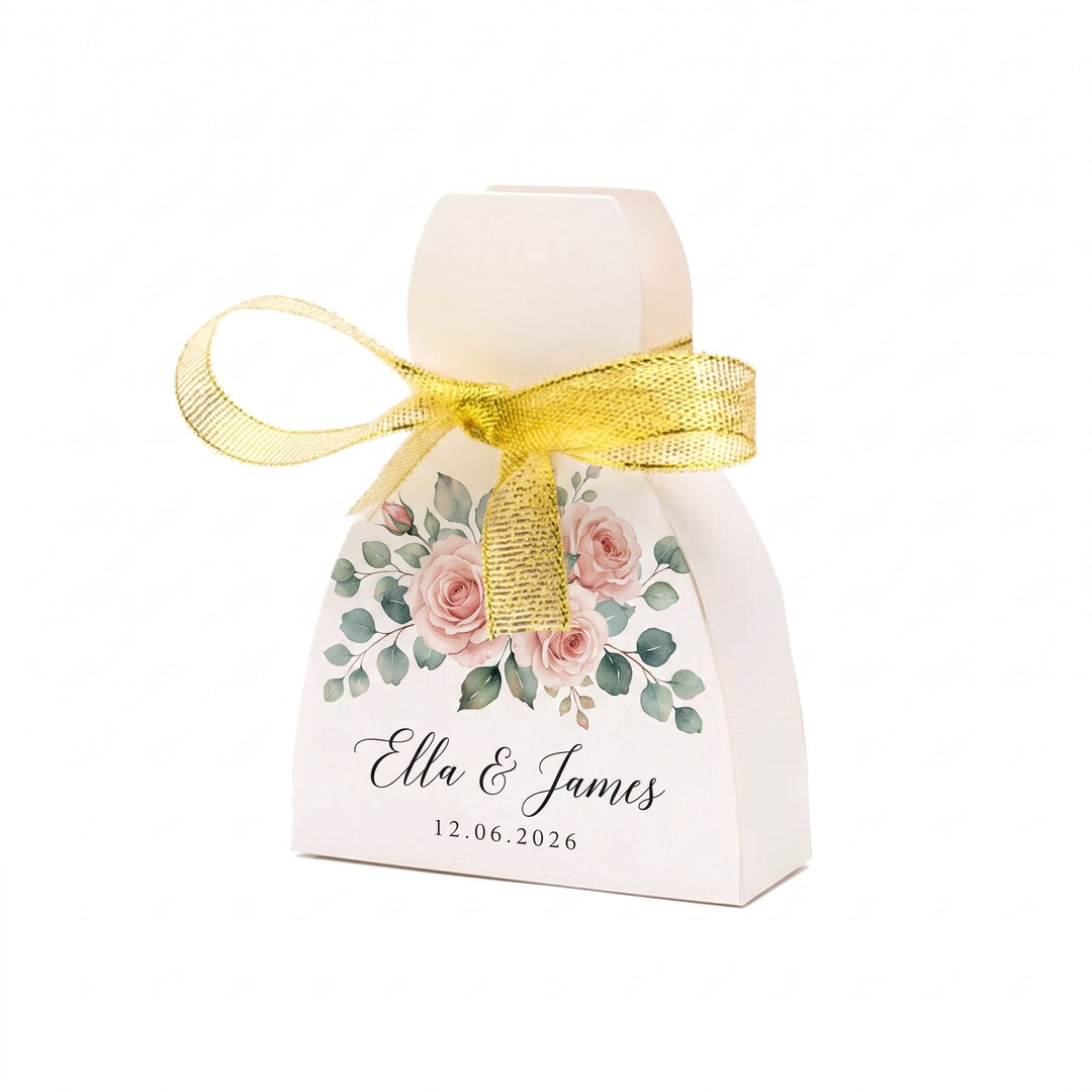 Sublimation printable wedding favour box printed with a watercolour spray of blush roses and eucalyptus