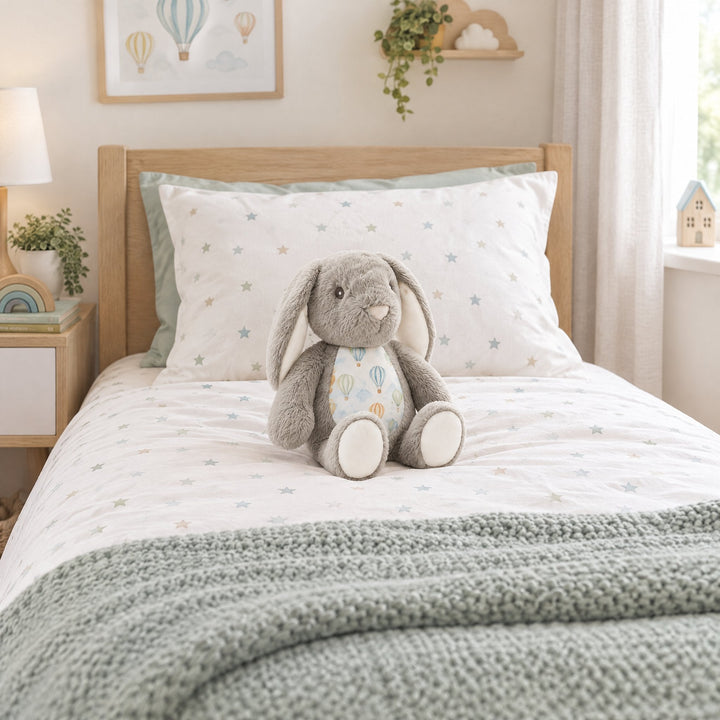 Sublimation rabbit plush toy printed with watercolour hot-air balloons, on a child&