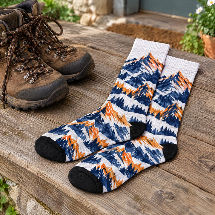Sublimation sports socks for men printed with mountain peaks, lying on a wooden porch step