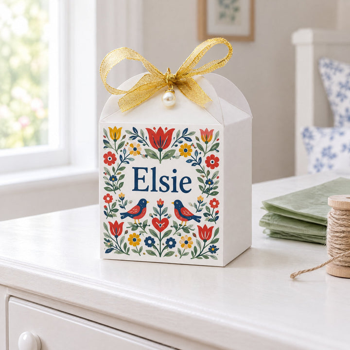Sublimation square gift box printed with a Scandinavian folk-art panel and the name Elsie, standing on a chest