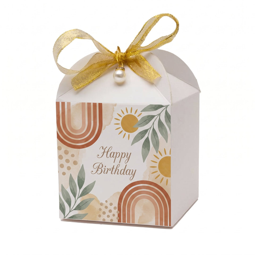 Sublimation square gift box printed with terracotta arches, sage leaves and mustard suns and the words &