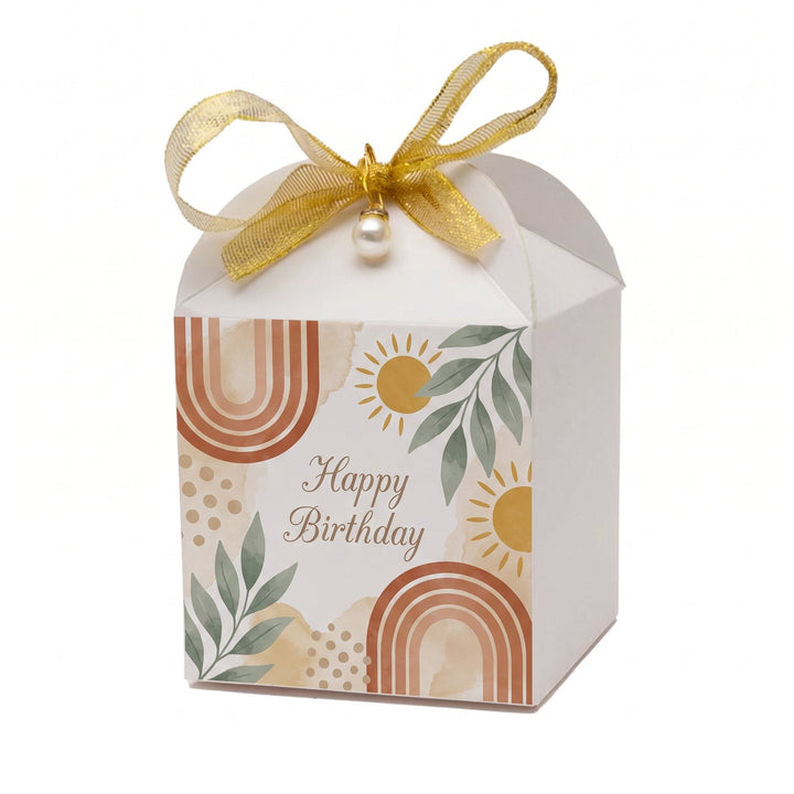 Sublimation square gift box printed with terracotta arches, sage leaves and mustard suns and the words &
