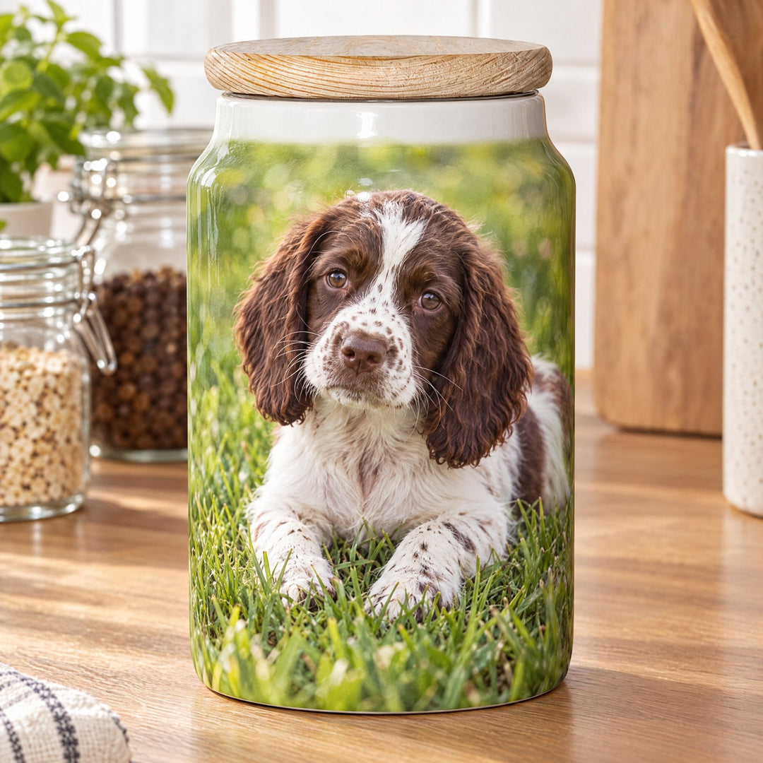Sublimation storage jar printed with a spaniel puppy on grass design, on a kitchen worktop