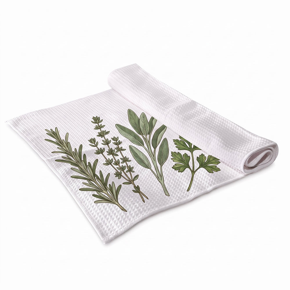 Sublimation waffle tea towel printed with a hand-painted kitchen-herb botanical design
