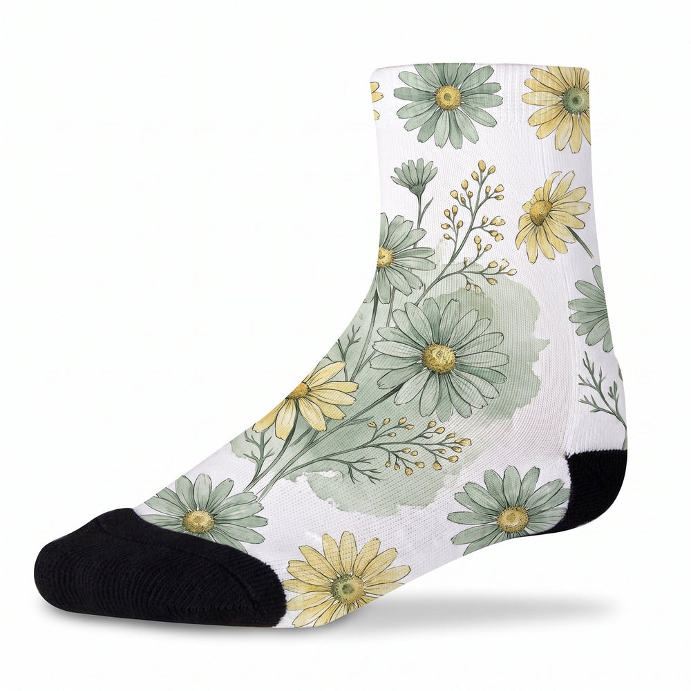 Sublimation women's sports socks printed with a pattern of watercolour daisies and sprigs