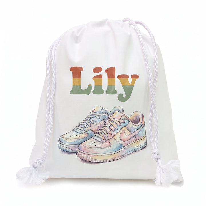 White cotton drawstring bag 25 x 30cm printed with stripes and the name Lily