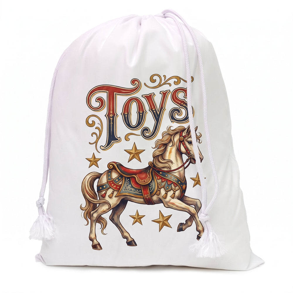White cotton drawstring sack 40 x 50cm printed with a painted carousel horse design and the words 'Toys'