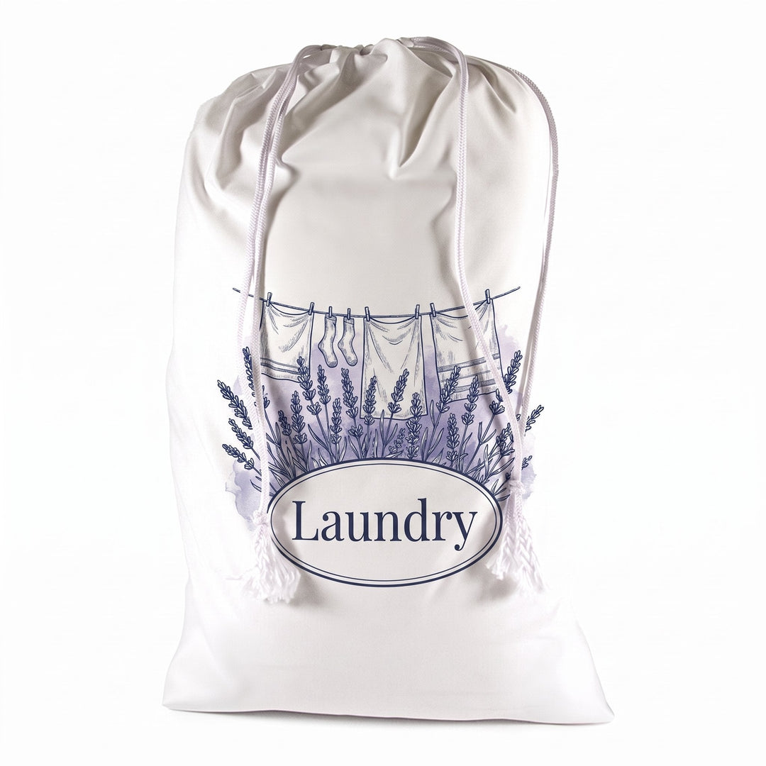 White cotton drawstring sacks 50 x 75cm printed with engraved washing line and lavender sprigs and the words &