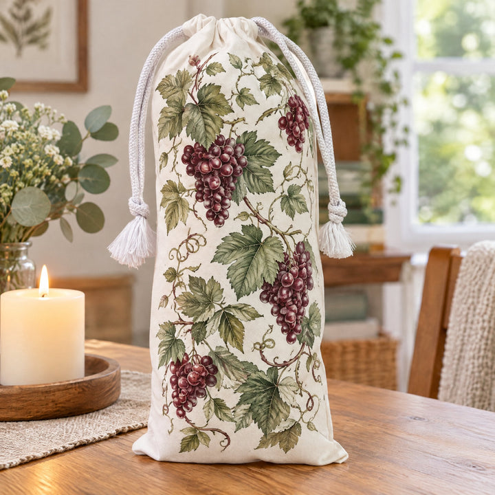 White cotton wine bottle bag printed with a botanical grapevine pattern, on a side table