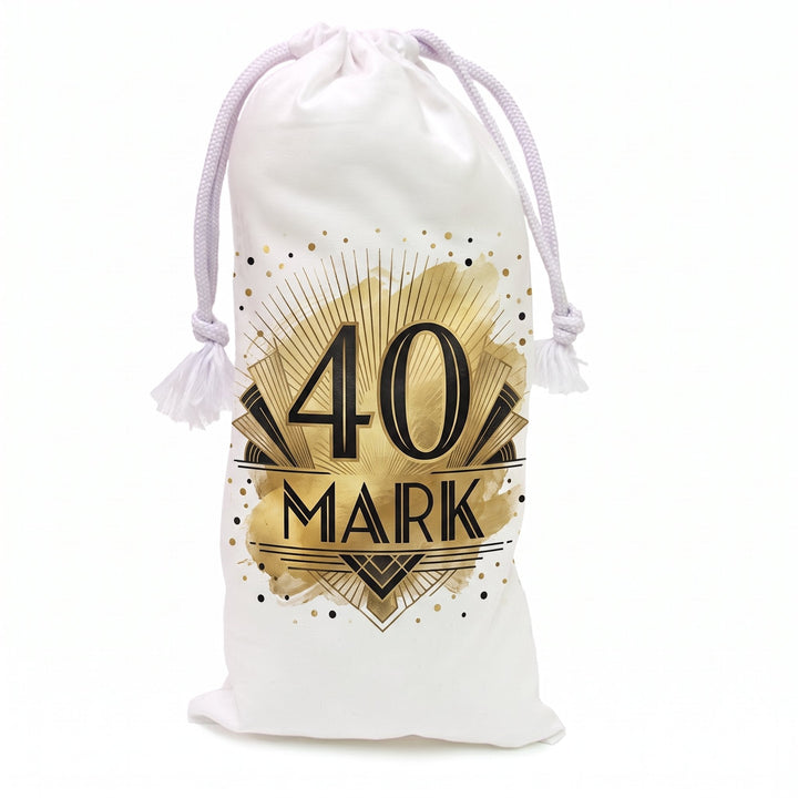 White cotton wine bottle bag printed with fan rays and confetti dots and the name Mark
