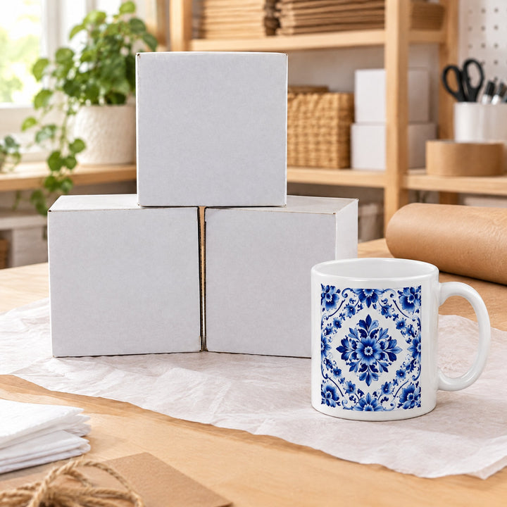 White gift box for mugs printed with a blue and white Delft-style design, on a packing table