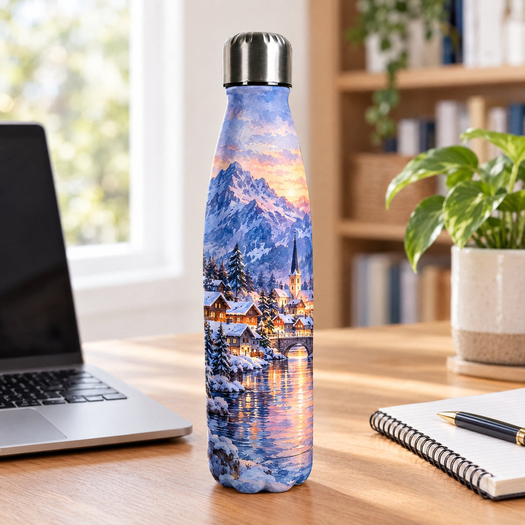 White sublimation bowling bottles printed with a snowy Alpine village at sunset, on a wooden desk beside a laptop