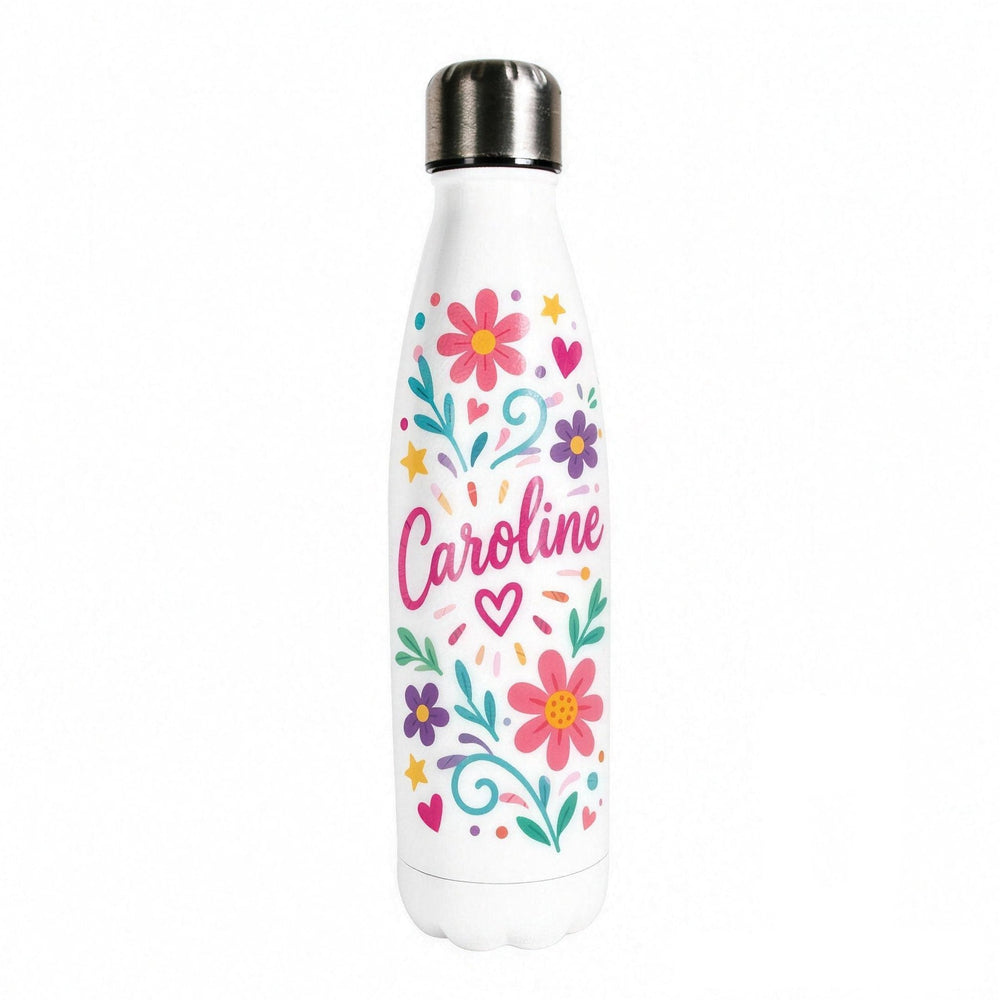 White sublimation bowling bottles printed with bright flowers and the name Caroline