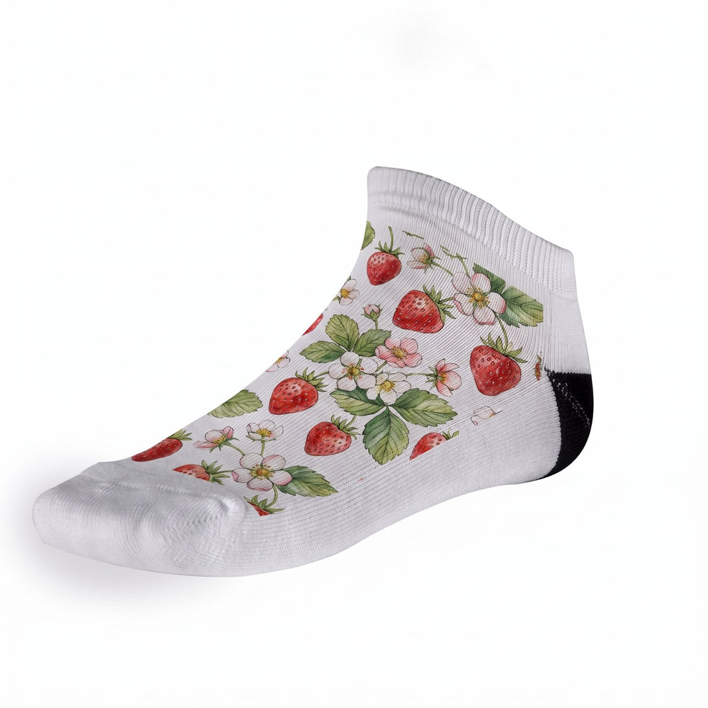 Women's sublimation trainer socks printed with watercolour strawberries with blossom and leaves